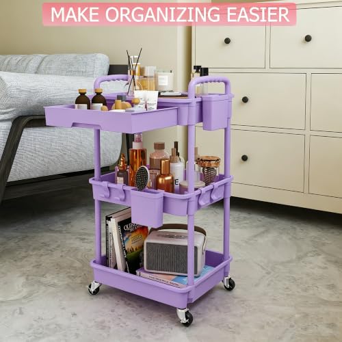 Image of REBECAT 3 Tier Rolling Cart with Drawer, Utility Storage Cart on Wheels for Kitchen, Bathroom, Living Room,Office(Purple)