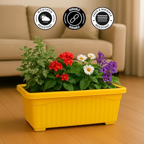 Image of Bianco Rectangular Plastic Pots for Plants, Jupiter Flower Pots for Home, Window Display, Garden (35 x 18.5 x 15 cm) (Yellow) (Pack of 12)