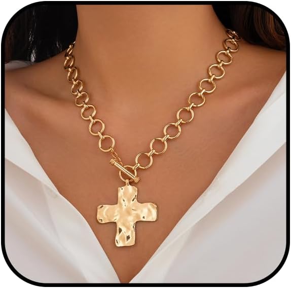 Chunky Cross Necklace for Women Gold/Silver Chunky Cross Pendant Necklace Layered Heart Toggle Statement Cross Necklace Hammered Thick Cross Chain Necklace Jewelry