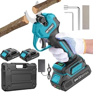 Akku Astschere Blushless, BETENST Elektrische Gartenschere 21V mit 2 Akku 2.0Ah, LCD Anzeige, SK5 Klinge, Schleifstein, Elektrische Baumschere Tragbares Gartenwerkzeug für Garten Äste Obstgärten