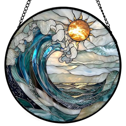 Hanging Stained Glass Blue Wave Suncatcher Glass Panels for Home Decor Window Hanging Sun Catcher Gift for Women Men Wife Aunt Mom