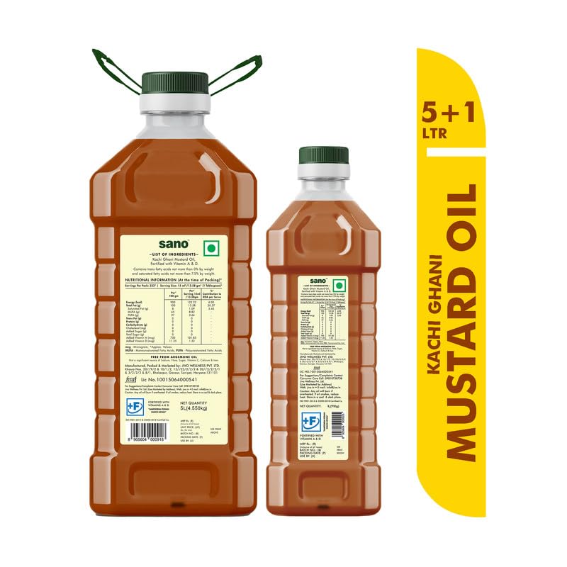 Image of Sano Pure and Aromatic Kachi Ghani Mustard Oil - 5 Litre + 1 Litre Pack Pet Bottle | 100% Natural, Ideal for Cooking, Pickling, and Health Benefits | Mustard Oil