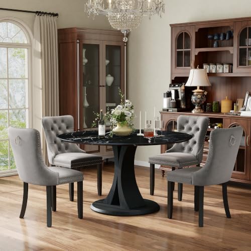 Image of 5-Piece Dining Table Set for 4 with 47 In Black Faux Marble Round Table
