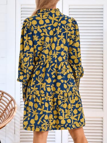 Image of Imily Bela Womens Fall Long Sleeve Tunic Dress Casual V Neck Tiered Dress | Loose,Swing,A-Line,Ruffled Collar,Puff Balloon Sleeve,Smocked Elastic Cuffs,Tiered Layered Ruffle Hem,Babydoll,Loose,Mini
