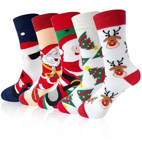 Eymobad Weihnachts Socken Unisex 5 Paar Lustige Weihnachten Socken 37-44 Weihnachtssocken Geschenk Festliche Weihnachtssocken Weihnachtsmannsocken Kuschelsocken Weihnachten für Damen und Herren