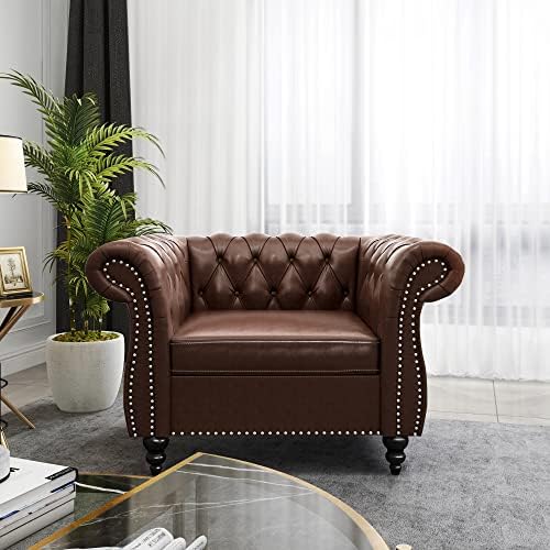 RARZOE PU Chesterfield Chairs, Chesterfield Faux Leather Club Chair, Chesterfield Button Tufted Leather Accent Chair with Nailhead Trim Scrolled Arms for Living Room Bedroom Office, Dark Brown