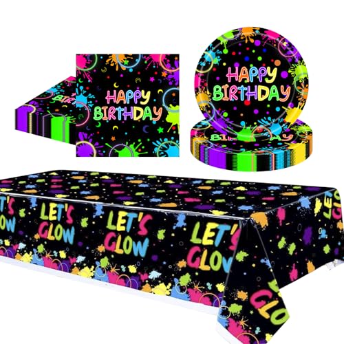 MOMAHUA 37Pcs Neon Birthday Party Tableware Set,Glowing Table Decorations for Kids Birthday, Neon Themed Dinnerware with Tablecloth, Plates, Napkins for 16 Guests
