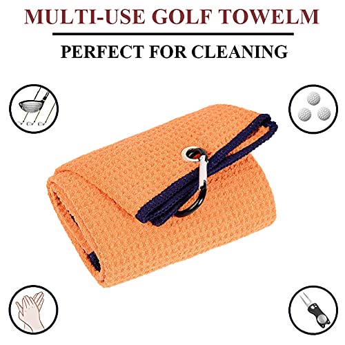 VIVIDLY 2 Pack Tri-fold Golf Towels, Premium Microfiber Fabric Waffle Pattern with Black Heavy Duty Carabiner Clip, Orange Golf Towels for Golf Bags for Men (Orange)