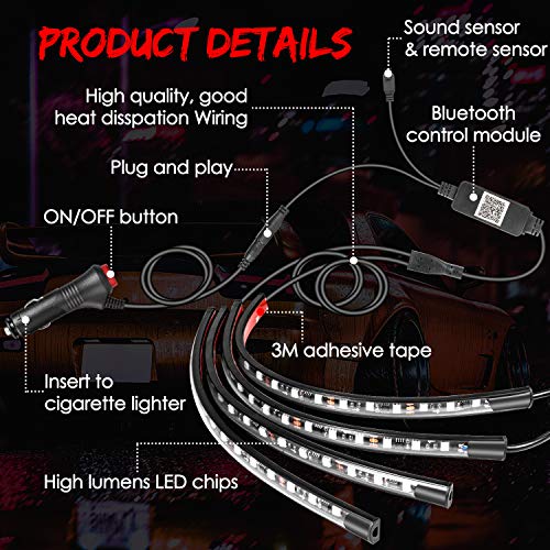 OFFROADTOWN Car LED Strip Lights, 4pcs 60 LED Interior Lights, Neon Strip Light Kit Multicolor Music Car Strip Light Under Dash Lighting Kit with Sound Active Function & App Remote Control