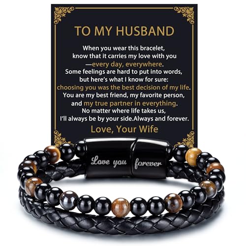 RANKEEF Mens Leather Bracelet - Husband Gifts from Wife Pulseras Para Hombres Tiger Eye Mens Beaded Bracelets to My Husband Birthday Valentines Day Gifts Bracelets for Men