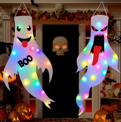 Halloween Decorations Outdoor Indoor, 2 Pack Light Up Ghost Decorations with LED Lights, Hanging...
