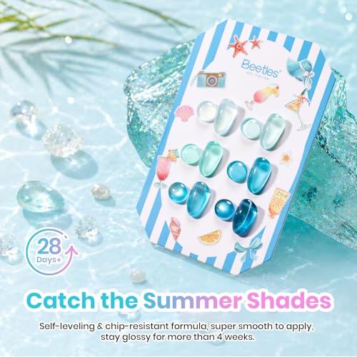 Image of Beetles Blue Gel Nail Polish Set, Summer Voyage Shore Light Cat Eye Gel Polish 6 Colors Mint Green Lyons Nail Gel with Nail Art Stickers & Scrunchie, Soak Off Uv Manicure Kit Gift for Women