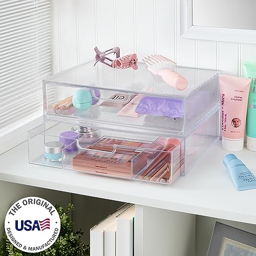 STORi Sofia 12.5” Wide Clear Stackable Open & Divided Storage Drawers, 2 Pack Plastic Organizer Bins for Makeup Palettes, Cosmetics, & Beauty Supplies, Vanity, Bathroom, Desk Organization, Made in USA