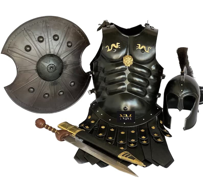 Troy Achilles Helmet Muscle Armor Breastplate Knight Crusader Combat Chest Body Armour Medieval Reenactment Fantasy Cosplay Wearable Halloween Costume Black