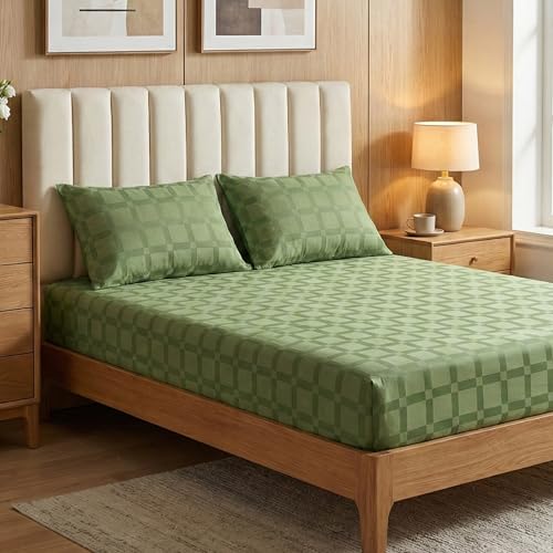 Image of Mush Satin Bedsheet King Size with 2 Pillow Case | 400 TC Bedsheets for King Size Bed | Cooling, Soft & Breathable Satin Bed Sheet, Premium Bedsheets Kingsize (Forest Green, Jacquard Collection)