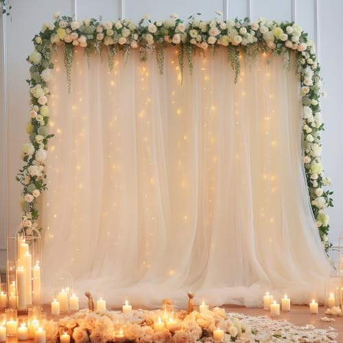 10×8ft Champagne Tulle Curtain Backdrop with Lights String for Parites, Sheer Backdrop Curtain Drapes for Wedding Photo Baby Shower Photography Birthday Party