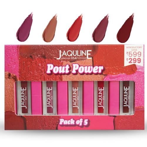 JAQULINE USA Pout Power Set of 5 Liquid Matte Lipstick | Waterproof | Smudge Proof | Transfer Proof | Long Lasting | Hydrating and Lightweight | 5×1.25ml