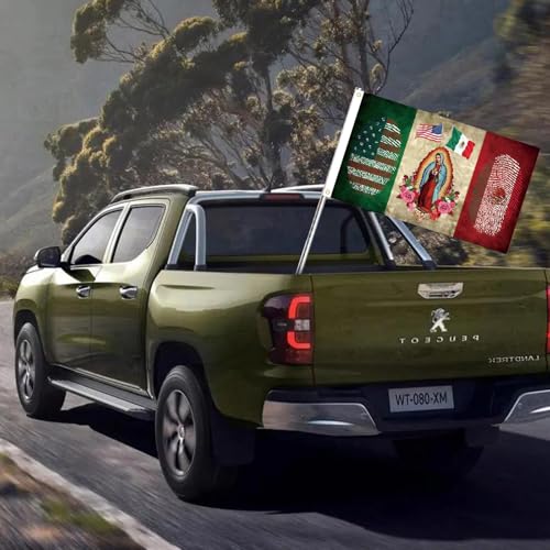 Image of Mexican American Flag with Virgin of Guadalupe, Mexico USA Flag 3x5 Ft, Polyester, Indoor Outdoor Banner