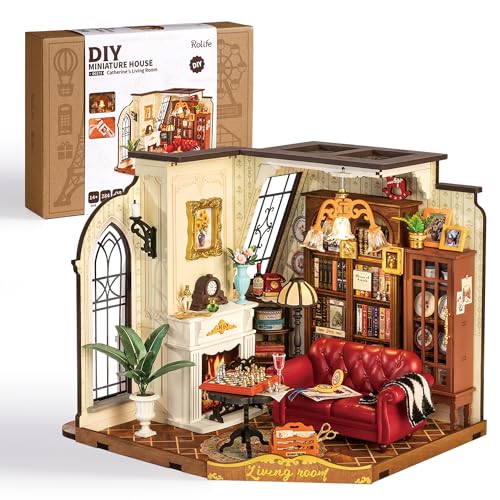 Rolife DIY Miniature House Kit for Adults Mini Wooden Dollhouse Kit Tiny House Diorama Building Kits-Birthday Christmas Craft Hobbies Gift for Teens Kids (Catherines Living Room)