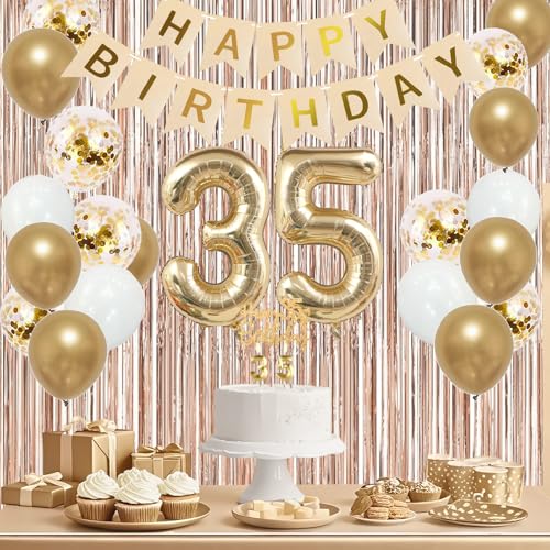 Image of Trgowaul 35th Birthday Decorations for Women, Banner, Sash and Crown, Cake Topper, 35 Number Balloon, Fringe Curtains, Champagne Gold 35th Birthday Party Supplies