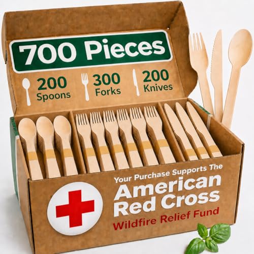 700 PCS Wooden Cutlery Set - 100% Compostable Silverware (300 Forks 200 Spoons 200 Knives) - Eco-Friendly Wooden Utensil Set & Disposable Party Utensils Alternative to Bamboo Cutlery