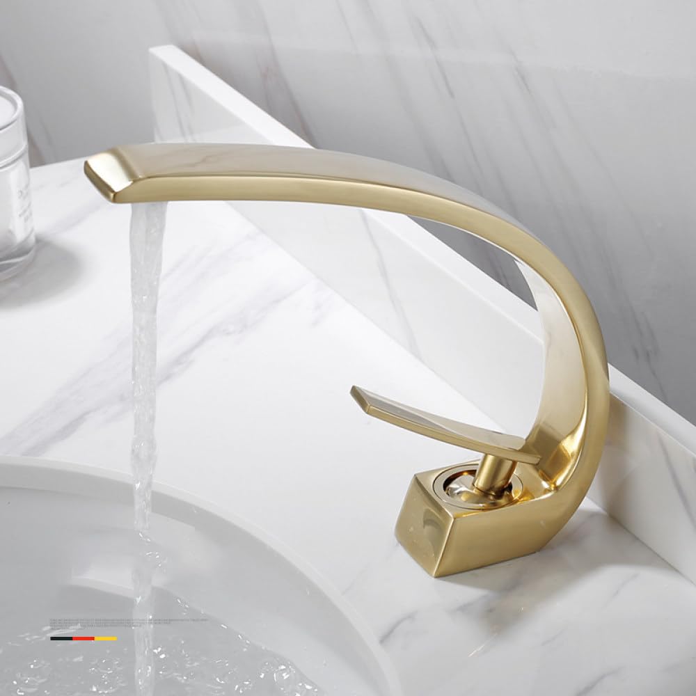Mitigeur cascade de salle de bain monotrou eau chaude froide or brossé