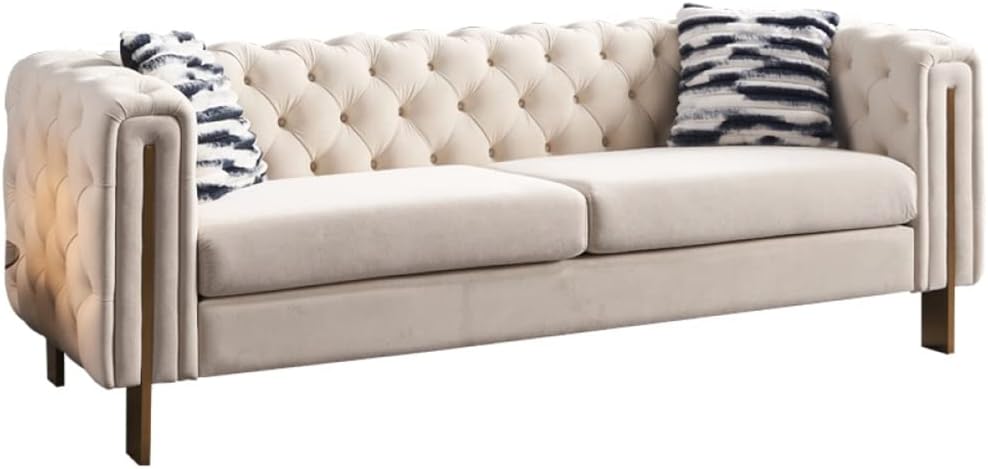 Velvet Sofa Cream Color,Metal Legs,Living Room Sofas,Indoor Furniture,Couch,84.25”x30.71”x29.13”