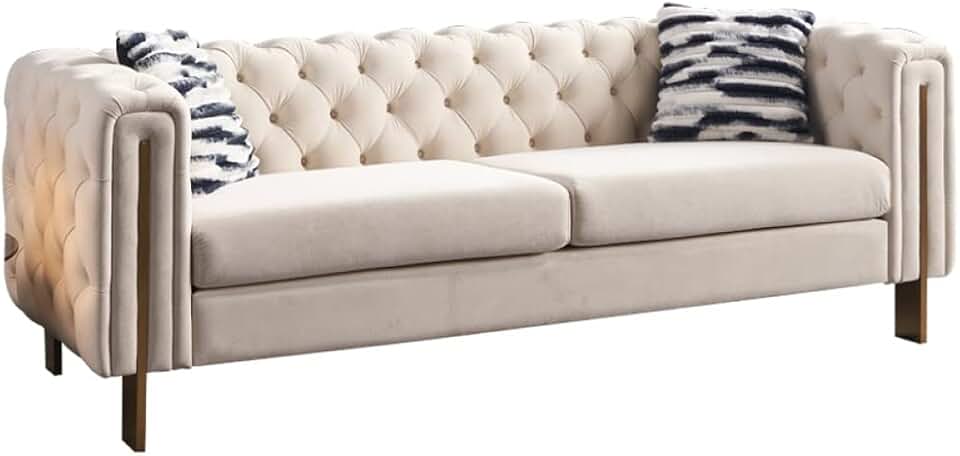 Velvet Sofa Cream Color,Metal Legs,Living Room Sofas,Indoor Furniture,Couch,84.25”x30.71”x29.13”