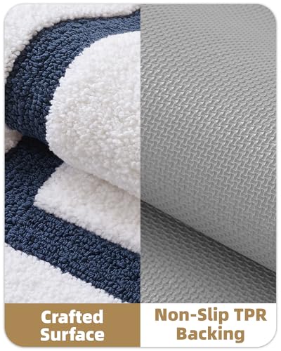 Image of Color&Geometry White Bathroom Rugs 43x24, Extra Soft Absorbent Microfiber Bath Rugs, Non-Slip Bathroom mat, Washable Plush Bath Mats for Bathroom, Shower, Bathtub, Laundry, White Blue