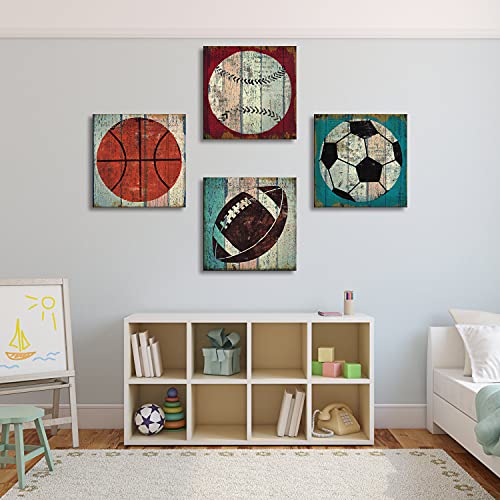 Boys Room Wall Decor Sports Decor For Boys Bedroom Rustic Football Soccer Baseball Basketball Canvas Pictures Kids Wall Art Vintage Ball Paintings Toddler Nursery Artwork Home Decorations 12X12" 4 Pcs #TOP1