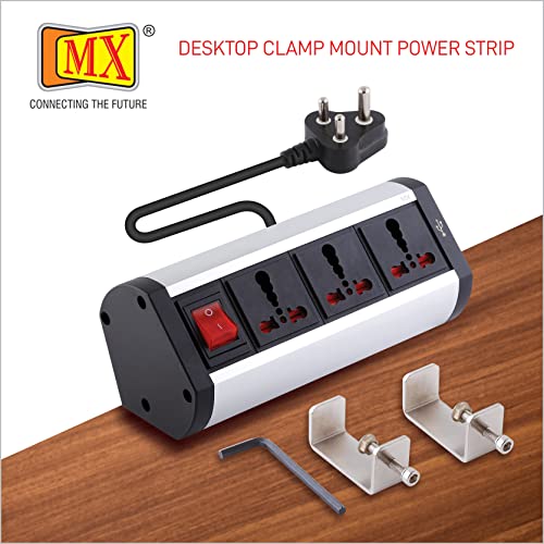 Image of MX Premium Power Console 16A - 6 Universal Sockets (3 Outlets + 2 USB) with Removable Desk Clamp Power Strip, Master Switch, 1.5m Cord, Overload Protection for Home & Office