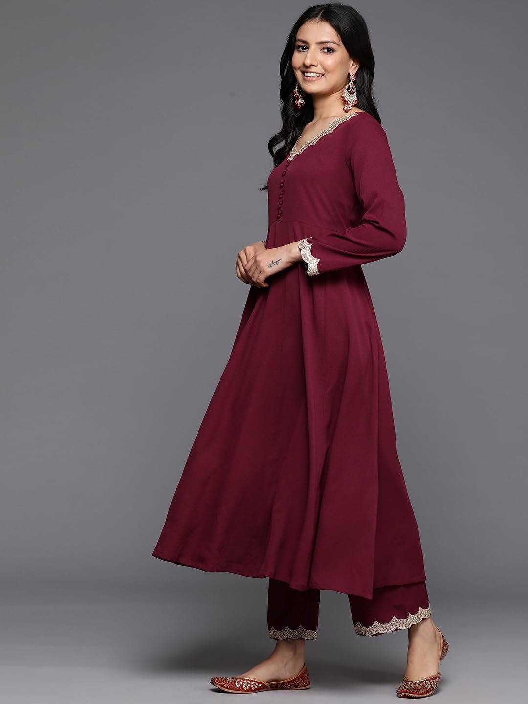 Varanga Women Maroon Zari & Sequins Embellished Anarkali Kurta With Bottom And Dupatta  V-Neck, Potali Button Yoke, Long Sleeves
