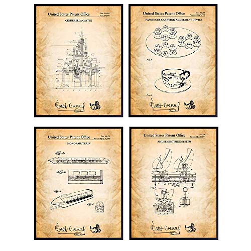 Walt Disney Patent Wall Decor - Disney World, Disneyland Rides - Wall Art Prints Poster Set - Chic Vintage Rustic Home Decor for Boys, Girls, Teens, Kids Room - Disney Gifts for Mickey Mouse Fans