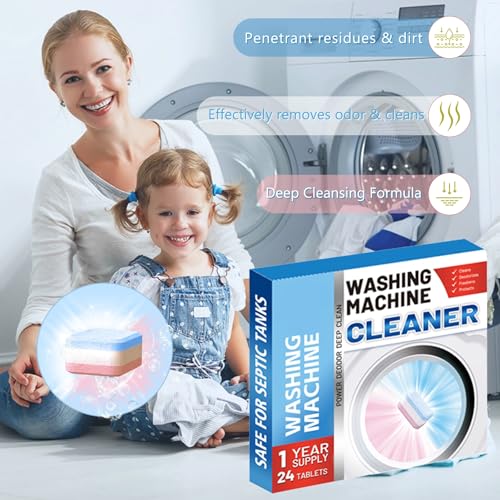Image of Washing Machine Cleaner Descaler Tablets, 24 Count (1 Year Supply) - Powerful Deep Clean for HE Front Load & Top Load Washers, Unscented Septic Safe Deodorizer, Cleans Inside Drum & Laundry Tub Seal