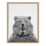 Kate and Laurel Sylvie Bear Animal Print Black and White Portrait Framed Canvas Wall Art by Simon Te Tai, 18x24 Natural