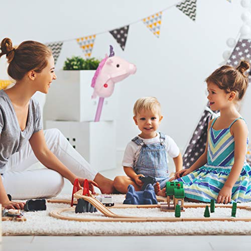 Relaxdays 10023852 Steckenpferd Einhorn, mit Sound, aus Holz & Plüsch, niedliches Stockpferd, Wiehern & Hufgetrappel, 74 cm, rosa