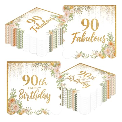 50Pcs 90th Birthday Scalloped Napkins - Rose and Gold Happy Birthday Paper Napkins Fabulous Double Sided Luncheon Napkins Disposable Party Napkins for Women Birthday Decorations
