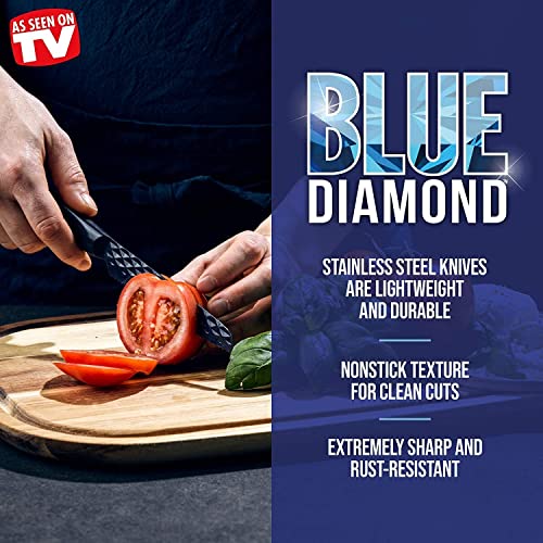 Blue Diamond Sharp Stone Nonstick Stainless Steel Cutlery, 5" Serrated Knife With Cover, Diamond Texture Blade, Dishwasher Safe Knives, Blue #TOP1