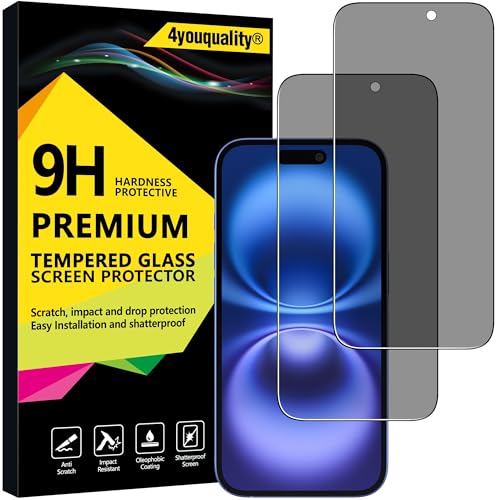 4youquality Privacy Screen Protector for iPhone 16 (6.1-Inch) Anti Spy Tempered Glass Film 2-Pack [LifetimeSupport][Anti-Spy][Impact-Resistant][Anti-Scratch]