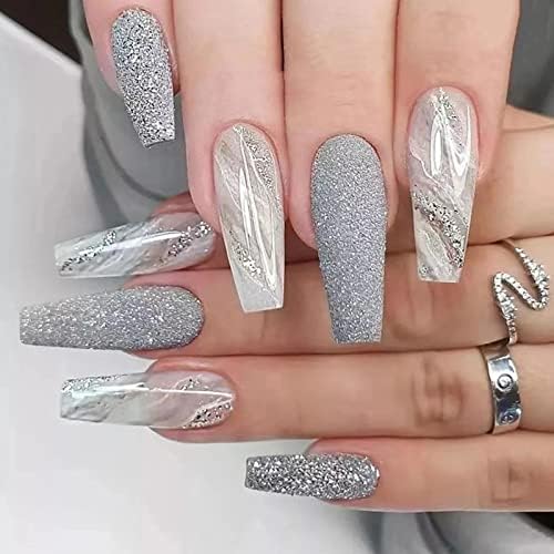 JUSTOTRY 24 Pcs Fake Nails Long,Black French Press on Nails Patterns, Snake Medium Ballerina Stick on Nails Jewels for Women, Acrylic Coffin False Nails with Glue for Nail Art