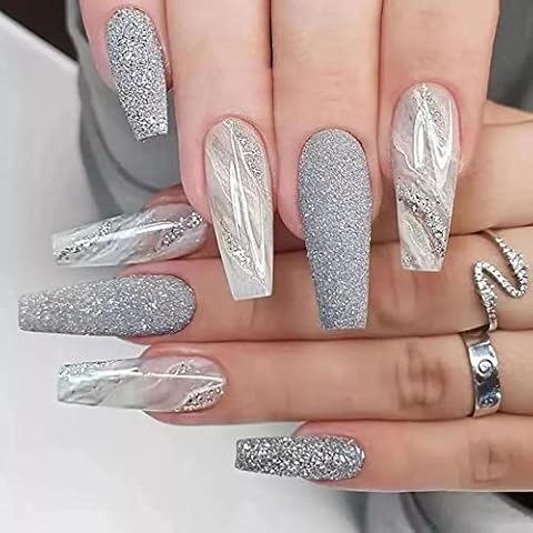 JUSTOTRY 24 Stück Coffin Nägel Zum Aufkleben Lang, Grey Glitter French Künstliche Nägel, Ballerina Marble Kunstnägel Press on Nails Cover