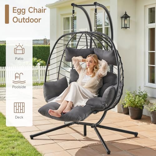 ONBRILL Double Egg Chair with Adjustable Footrest & Stand, Rattan Hammock Swing Loveseat with Cushions & Headrests, 650LBS Capacity Hanging Chairs for Outdoor & Indoor Patio, Deck, Bedroom (BL-GR) - Thumbnail 6