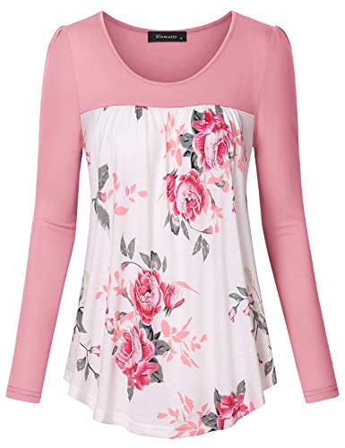 Vinmatto Women's Long Sleeve Scoop Neck Floral Splicing Pleated Blouse Top Tunic Shirt