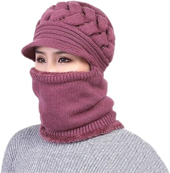 Womens Winter Stretchy Soft Beanie Ear Protection Knit Hats Skull Cap Warm Scarf Mask hat Fleece Lined one-Piece hat