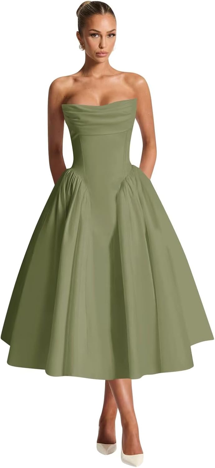 Strapless Satin Prom Dresses for Women Tea Length A-Line Ruched Formal Evening Party Gown