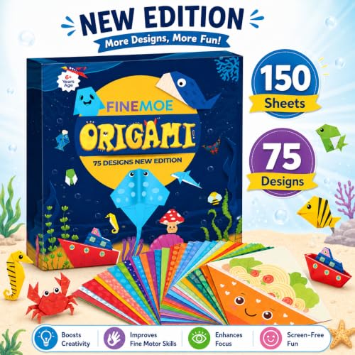 Image of FINEMOE 150 Origami Kit with Instruction Book for Kids - Craft Color Paper Sheets with 75 Design, 18x18 cm DIY Art Colour Paper Activity Kit Set, Return Gift For Birthday Party
