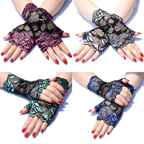 Katutude 4 Pairs Women Short Lace Gloves Floral Fingerless Gloves Wedding Bridal Wrist Gloves Opera Tea Party Prom Costume Accessories, Length 19cm
