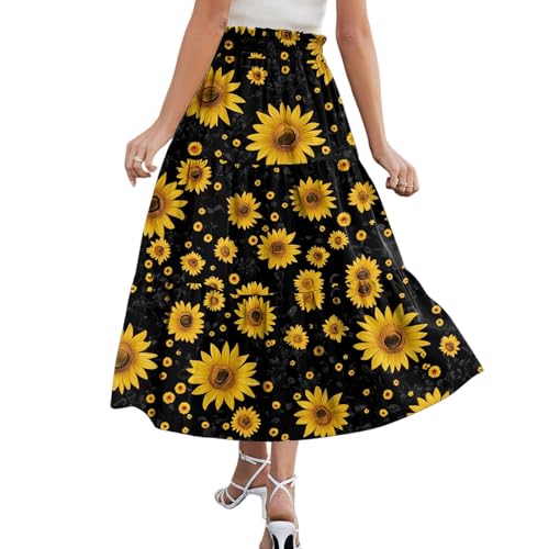 Womens Midi Skirts with Pockets 2025 Summer Long High Elastic Waist Beach Boho Flowy Ruffle A-Line Retro Floral Maxi Skirt2