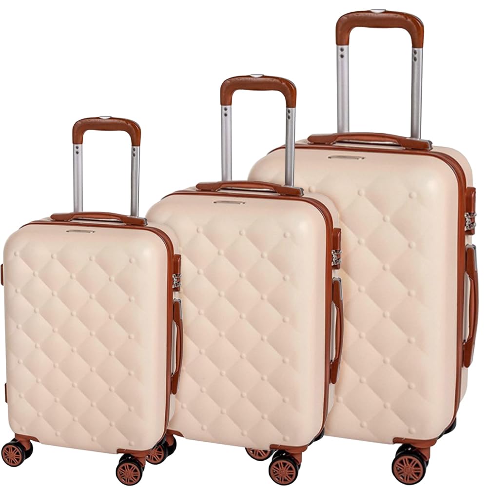 Set 3 Valigie Rigide in ABS, Valigia Rigida con Manico Telescopico e 4 Ruote Easy Roll, Trolley Resistente e Leggero da Viaggio, Bagaglio a Mano con Serratura Codice (Beige e Marrone)