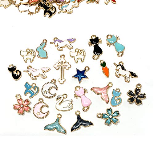 JIALEEY 50PCS Assorted Gold Plated Enamel Animal Moon Star Fruit Unicorn Charm Pendant DIY for Necklace Bracelet Earring Jewelry Making and Crafting